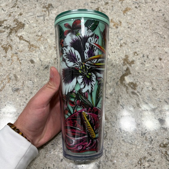 Starbucks Tropical Floral Tumbler Travel Mug Green Lid Reusable NO STRAW - Picture 2 of 9